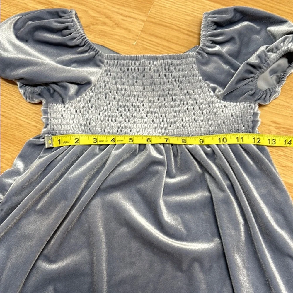 Walking On Sunshine Girls Medium Blue Velvet Puff Sleeve Empire Waist Dress - Picture 5 of 8